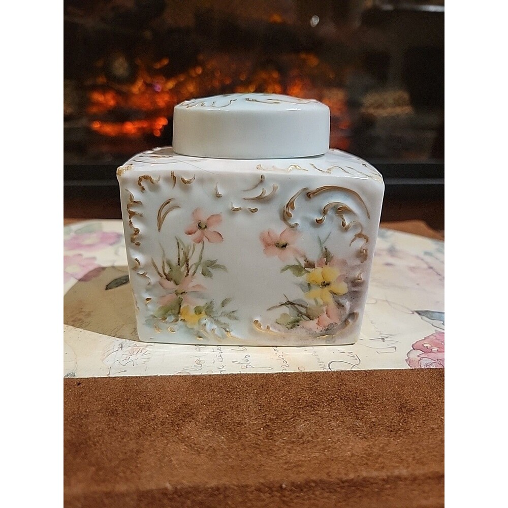 Antique T&V Limoges France Hand Painted Signed EMB Tea Caddy Pink Flowers Gold